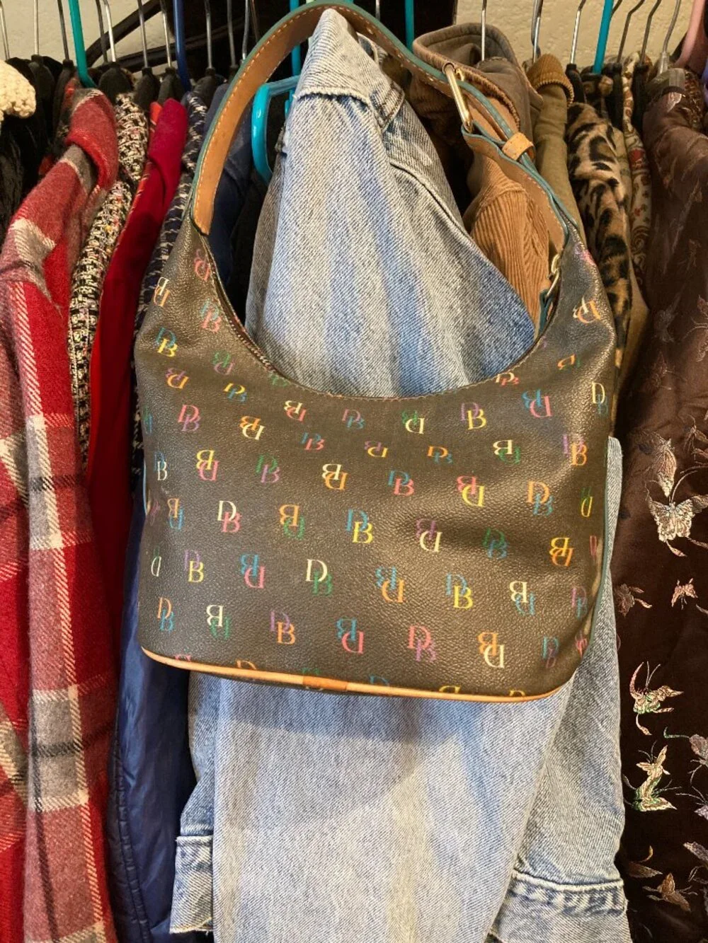 Vintage Y2K Dooney & Bourke Black Rainbow Monogram DB Logo Hobo Shoulder Bag
